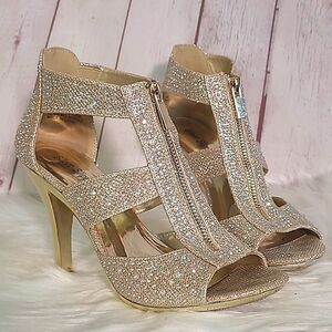 Rhinestone Bling Metallic Gold Heel Vegas Sparkly Stiletto Open Toe Heels Sz 7